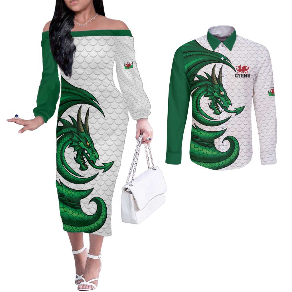 Wales Celtic Dragon Couples Matching Off The Shoulder Long Sleeve Dress and Long Sleeve Button Shirt Welsh Mythic Green Dragon - Wonder Print Shop