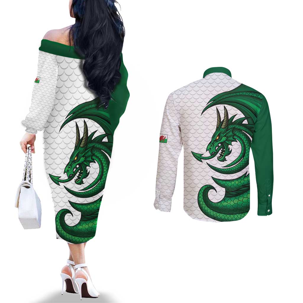 Wales Celtic Dragon Couples Matching Off The Shoulder Long Sleeve Dress and Long Sleeve Button Shirt Welsh Mythic Green Dragon - Wonder Print Shop