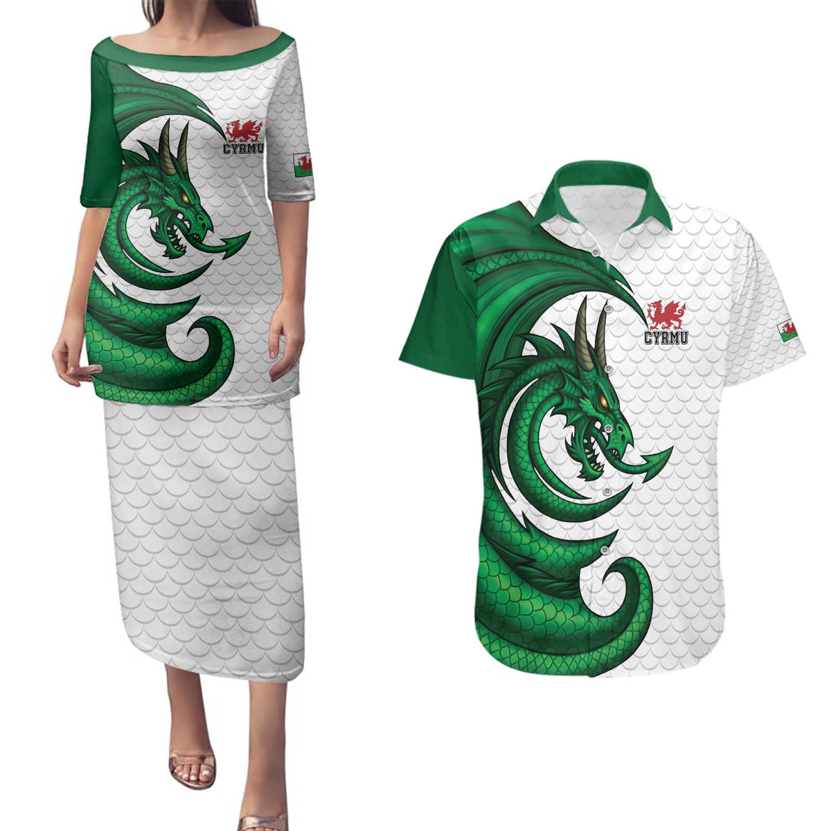 Wales Celtic Dragon Couples Matching Puletasi and Hawaiian Shirt Welsh Mythic Green Dragon - Wonder Print Shop