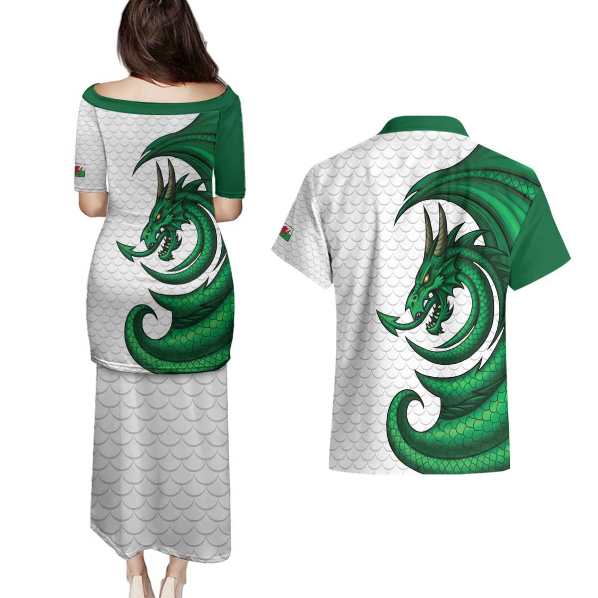 Wales Celtic Dragon Couples Matching Puletasi and Hawaiian Shirt Welsh Mythic Green Dragon - Wonder Print Shop