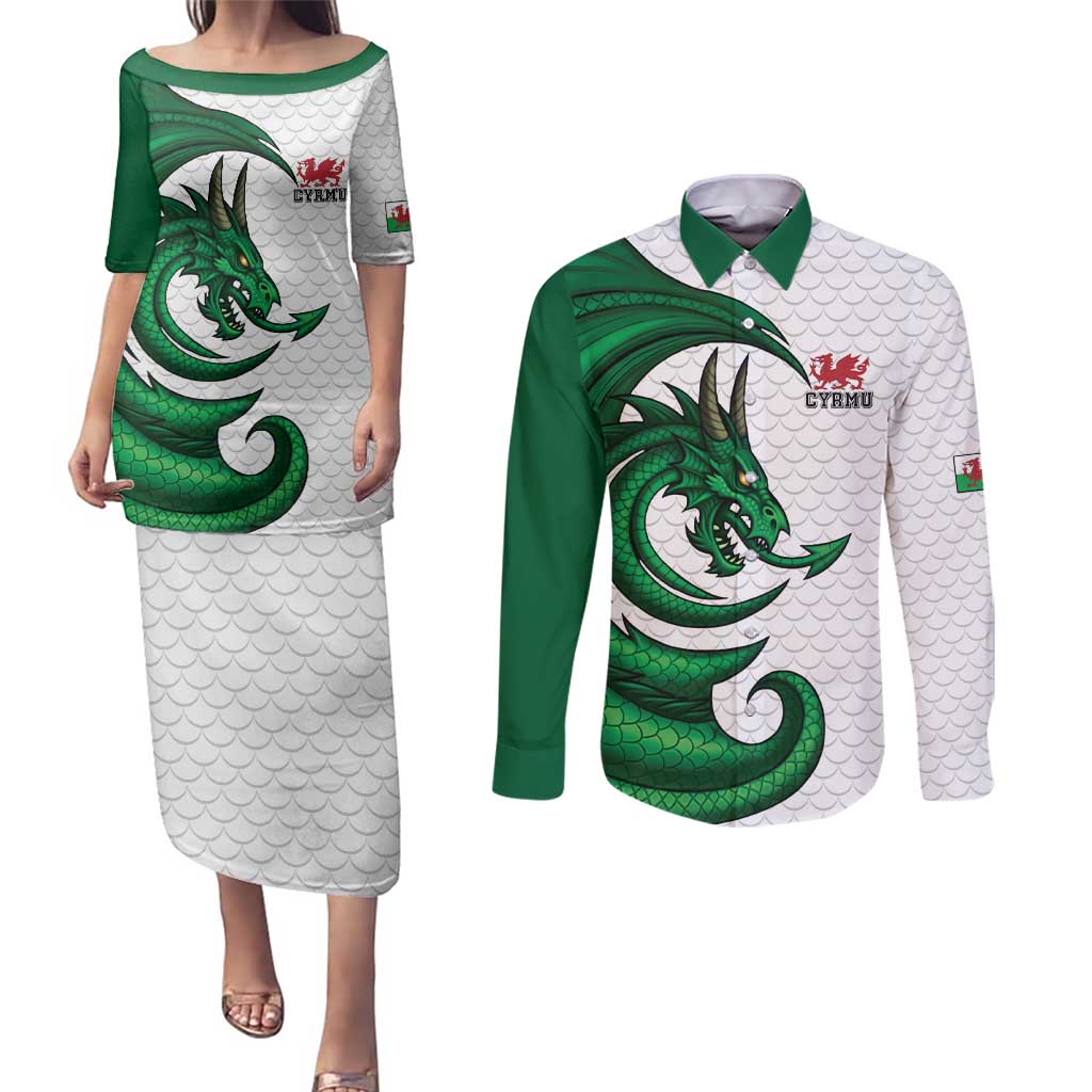 Wales Celtic Dragon Couples Matching Puletasi and Long Sleeve Button Shirt Welsh Mythic Green Dragon - Wonder Print Shop