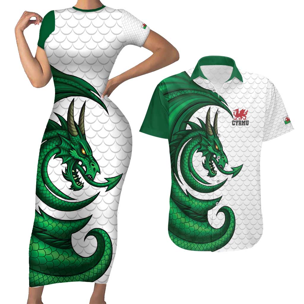 Wales Celtic Dragon Couples Matching Short Sleeve Bodycon Dress and Hawaiian Shirt Welsh Mythic Green Dragon - Wonder Print Shop