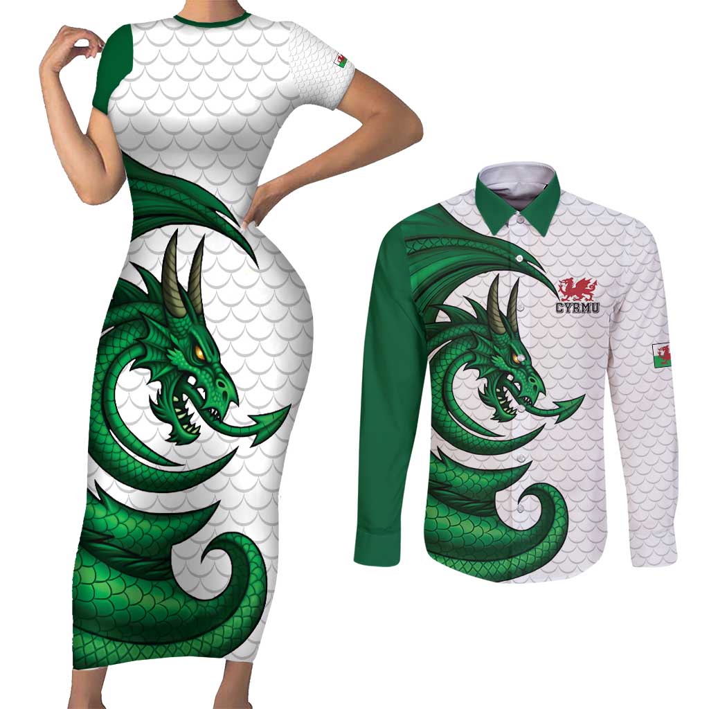 Wales Celtic Dragon Couples Matching Short Sleeve Bodycon Dress and Long Sleeve Button Shirt Welsh Mythic Green Dragon - Wonder Print Shop