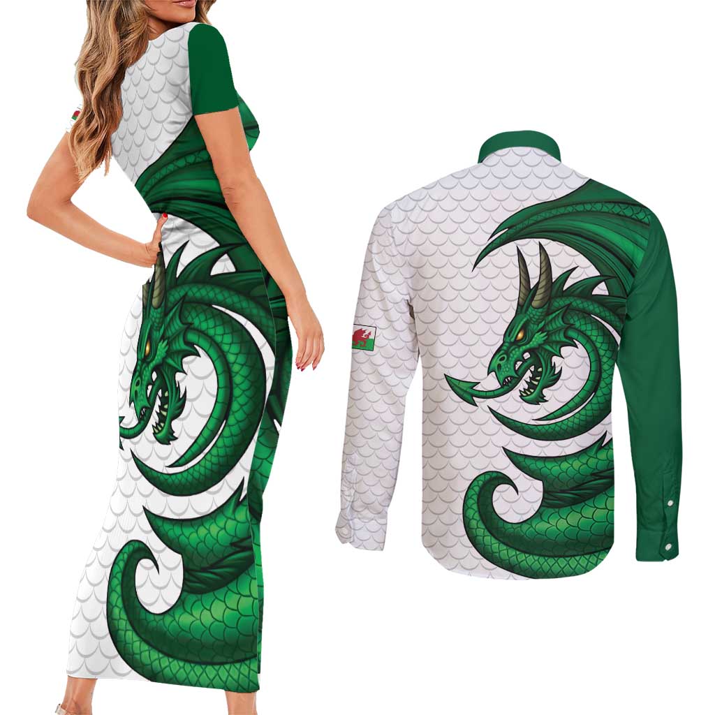 Wales Celtic Dragon Couples Matching Short Sleeve Bodycon Dress and Long Sleeve Button Shirt Welsh Mythic Green Dragon - Wonder Print Shop