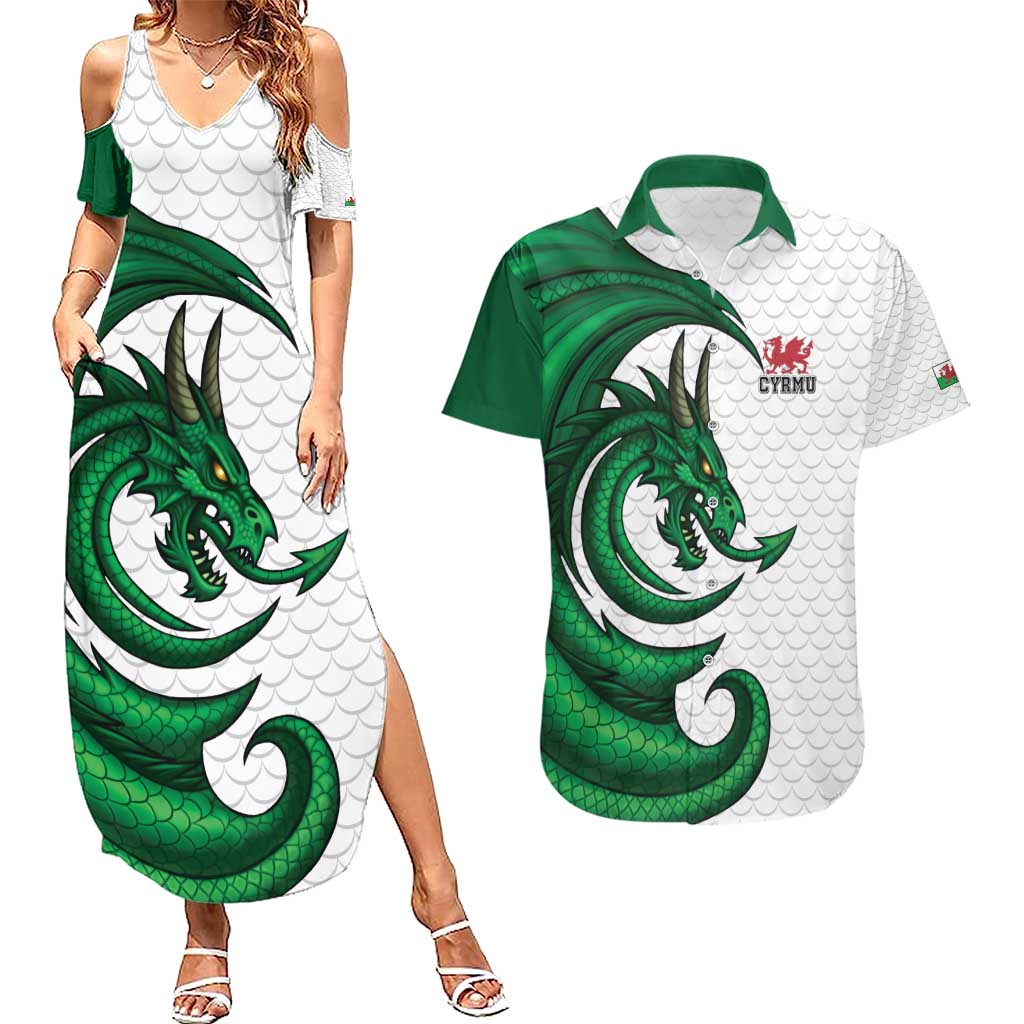 Wales Celtic Dragon Couples Matching Summer Maxi Dress and Hawaiian Shirt Welsh Mythic Green Dragon - Wonder Print Shop