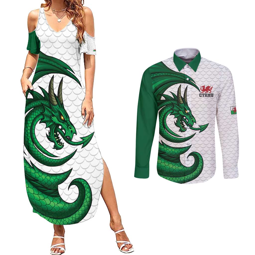 Wales Celtic Dragon Couples Matching Summer Maxi Dress and Long Sleeve Button Shirt Welsh Mythic Green Dragon - Wonder Print Shop