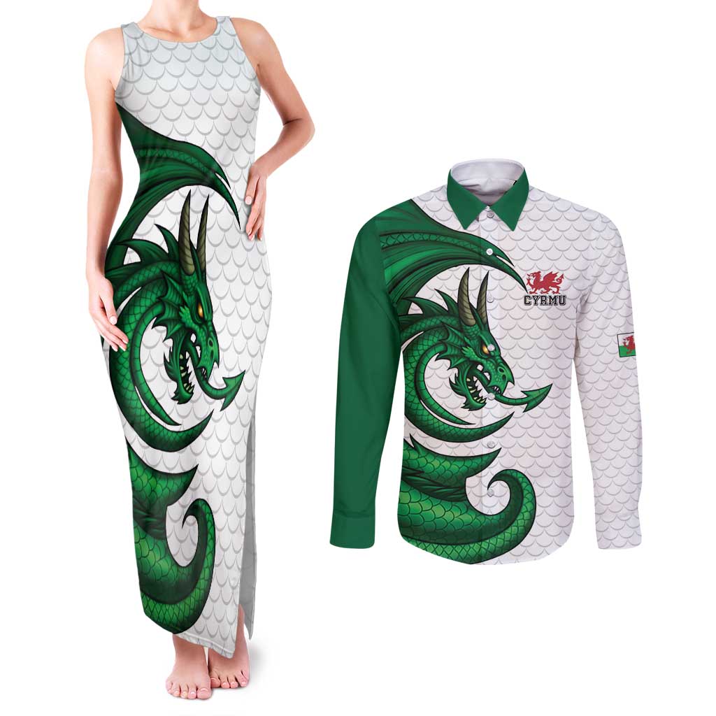 Wales Celtic Dragon Couples Matching Tank Maxi Dress and Long Sleeve Button Shirt Welsh Mythic Green Dragon - Wonder Print Shop