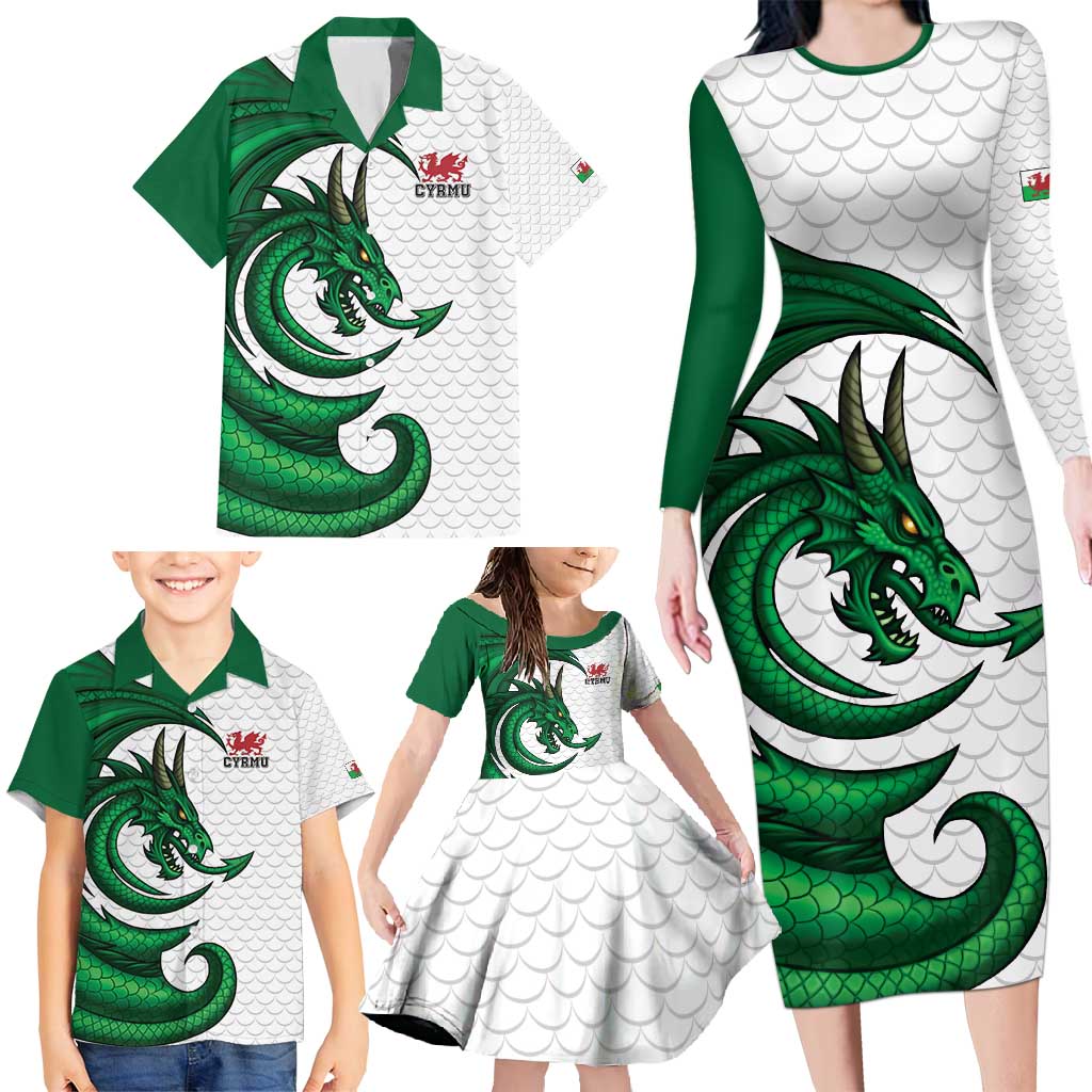 Wales Celtic Dragon Family Matching Long Sleeve Bodycon Dress and Hawaiian Shirt Welsh Mythic Green Dragon - Wonder Print Shop