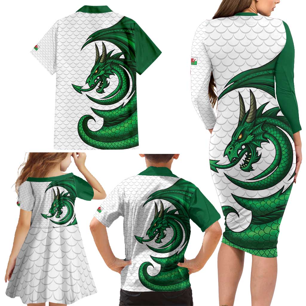 Wales Celtic Dragon Family Matching Long Sleeve Bodycon Dress and Hawaiian Shirt Welsh Mythic Green Dragon - Wonder Print Shop