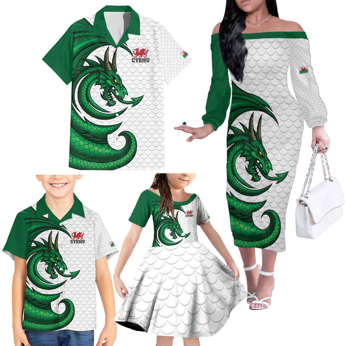 Wales Celtic Dragon Family Matching Off The Shoulder Long Sleeve Dress and Hawaiian Shirt Welsh Mythic Green Dragon - Wonder Print Shop