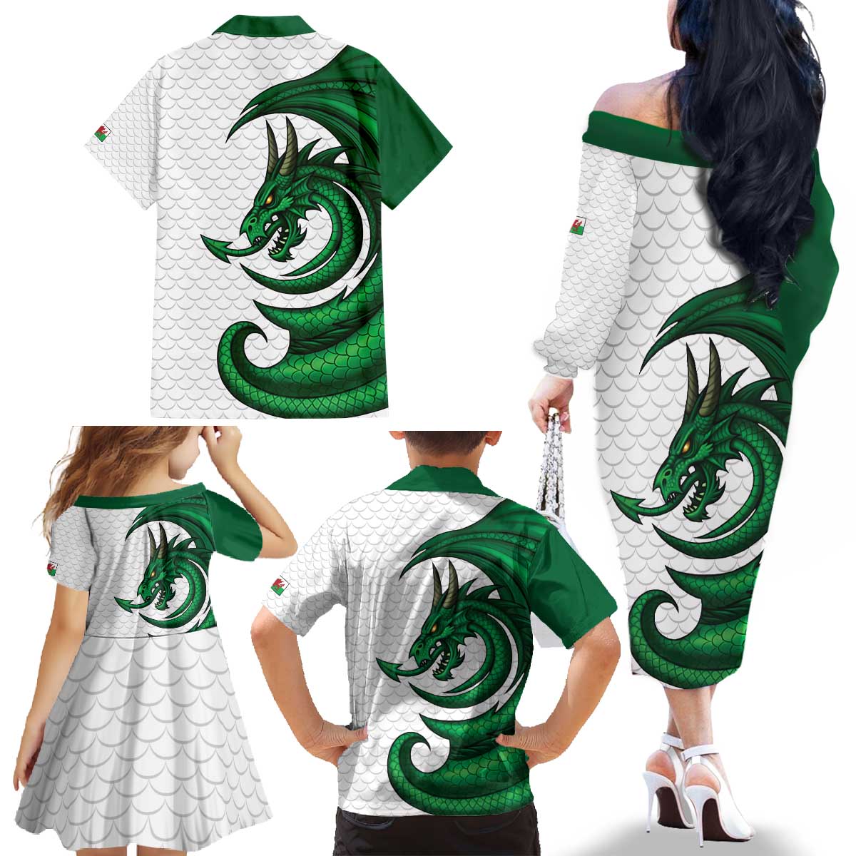 Wales Celtic Dragon Family Matching Off The Shoulder Long Sleeve Dress and Hawaiian Shirt Welsh Mythic Green Dragon - Wonder Print Shop