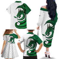 Wales Celtic Dragon Family Matching Off The Shoulder Long Sleeve Dress and Hawaiian Shirt Welsh Mythic Green Dragon - Wonder Print Shop