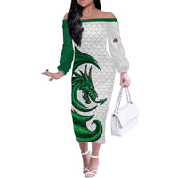Wales Celtic Dragon Family Matching Off The Shoulder Long Sleeve Dress and Hawaiian Shirt Welsh Mythic Green Dragon - Wonder Print Shop