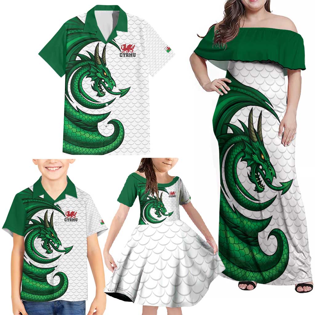 Wales Celtic Dragon Family Matching Off Shoulder Maxi Dress and Hawaiian Shirt Welsh Mythic Green Dragon - Wonder Print Shop