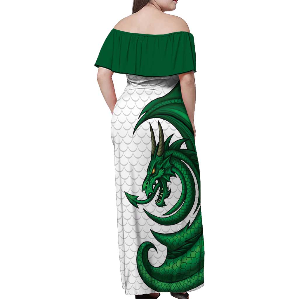 Wales Celtic Dragon Family Matching Off Shoulder Maxi Dress and Hawaiian Shirt Welsh Mythic Green Dragon - Wonder Print Shop