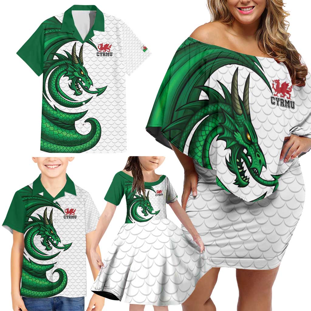 Wales Celtic Dragon Family Matching Off Shoulder Short Dress and Hawaiian Shirt Welsh Mythic Green Dragon - Wonder Print Shop