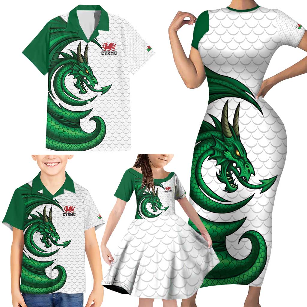 Wales Celtic Dragon Family Matching Short Sleeve Bodycon Dress and Hawaiian Shirt Welsh Mythic Green Dragon - Wonder Print Shop