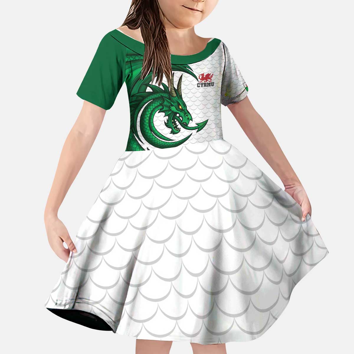 Wales Celtic Dragon Kid Short Sleeve Dress Welsh Mythic Green Dragon - Wonder Print Shop