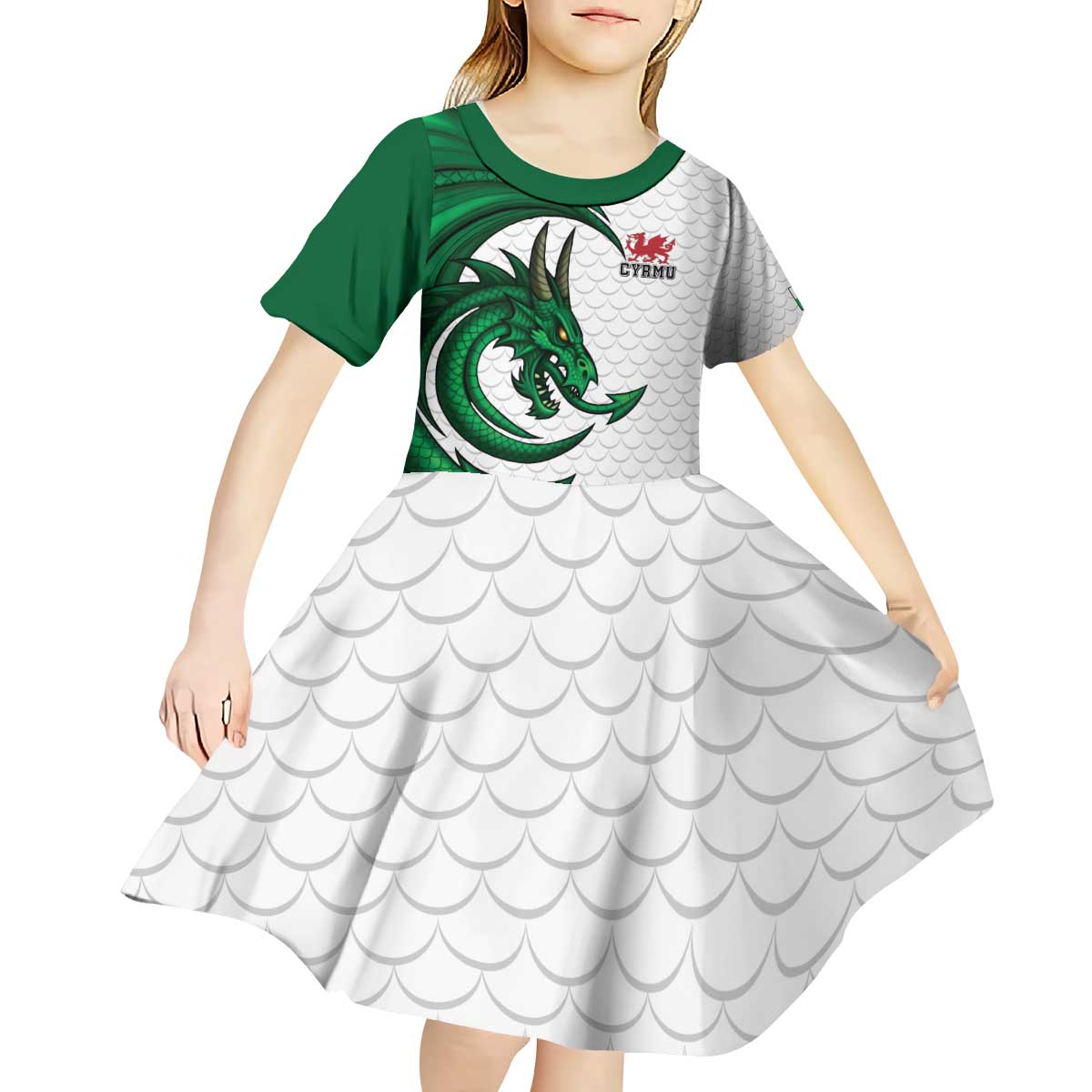 Wales Celtic Dragon Kid Short Sleeve Dress Welsh Mythic Green Dragon - Wonder Print Shop