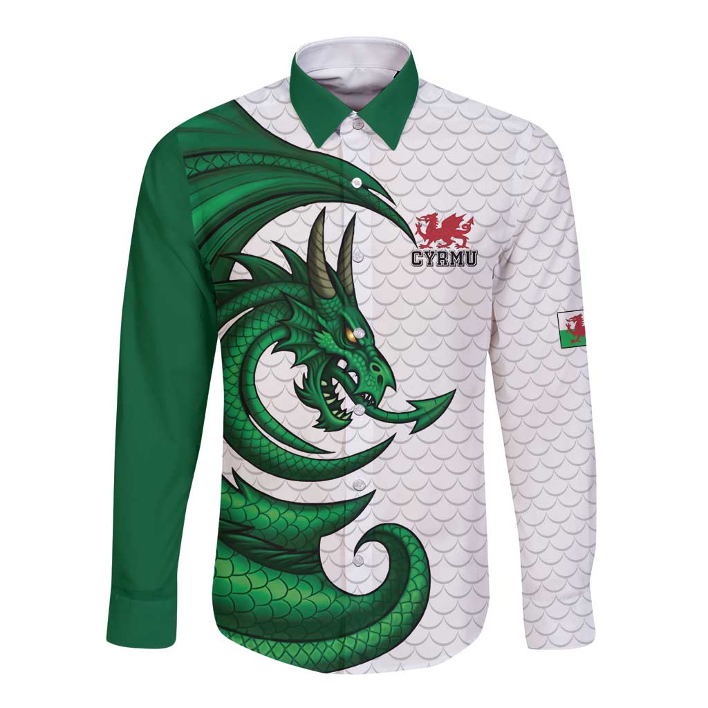 Wales Celtic Dragon Long Sleeve Button Shirt Welsh Mythic Green Dragon - Wonder Print Shop