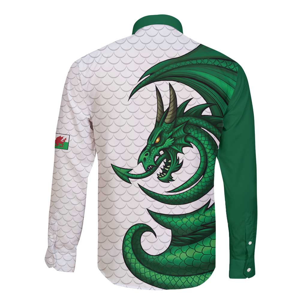 Wales Celtic Dragon Long Sleeve Button Shirt Welsh Mythic Green Dragon - Wonder Print Shop