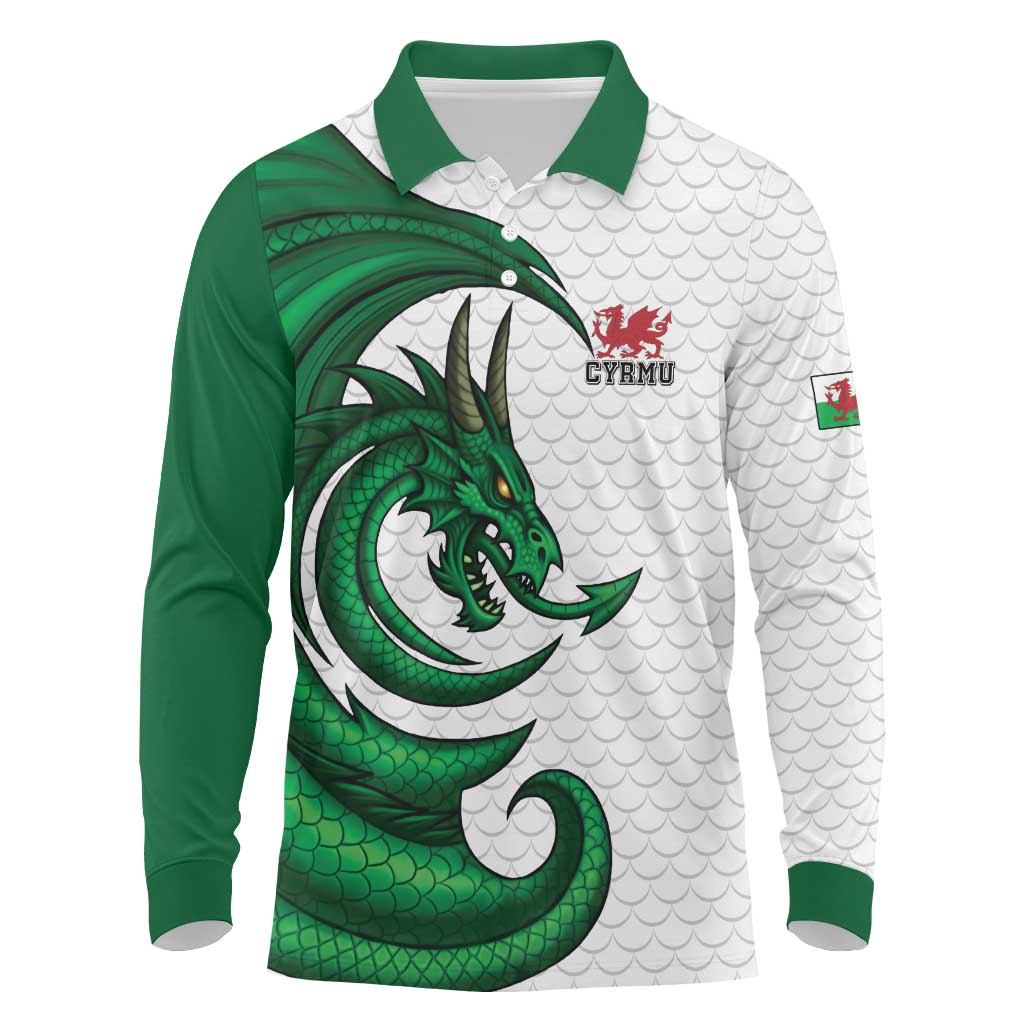 Wales Celtic Dragon Long Sleeve Polo Shirt Welsh Mythic Green Dragon - Wonder Print Shop