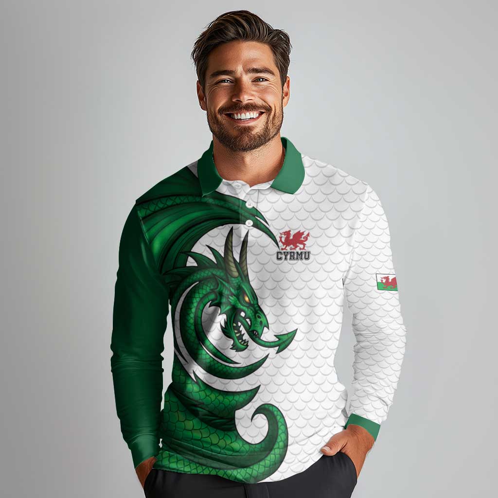 Wales Celtic Dragon Long Sleeve Polo Shirt Welsh Mythic Green Dragon - Wonder Print Shop