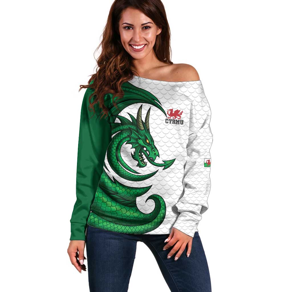 Wales Celtic Dragon Off Shoulder Sweater Welsh Mythic Green Dragon - Wonder Print Shop