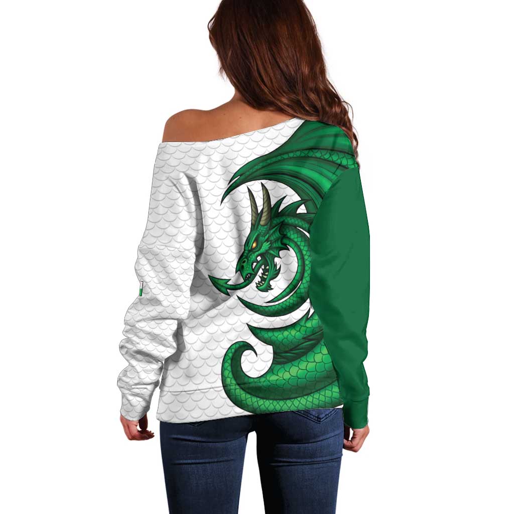 Wales Celtic Dragon Off Shoulder Sweater Welsh Mythic Green Dragon - Wonder Print Shop