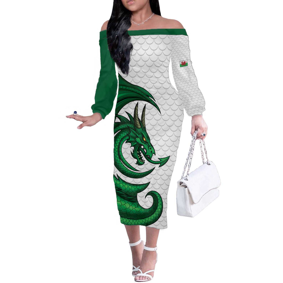 Wales Celtic Dragon Off The Shoulder Long Sleeve Dress Welsh Mythic Green Dragon - Wonder Print Shop
