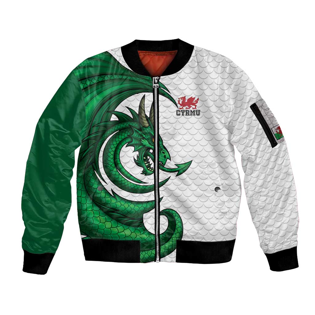 Wales Celtic Dragon Sleeve Zip Bomber Jacket Welsh Mythic Green Dragon - Wonder Print Shop