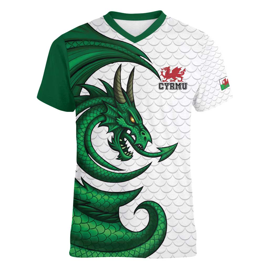 Wales Celtic Dragon Women V-Neck T-Shirt Welsh Mythic Green Dragon - Wonder Print Shop