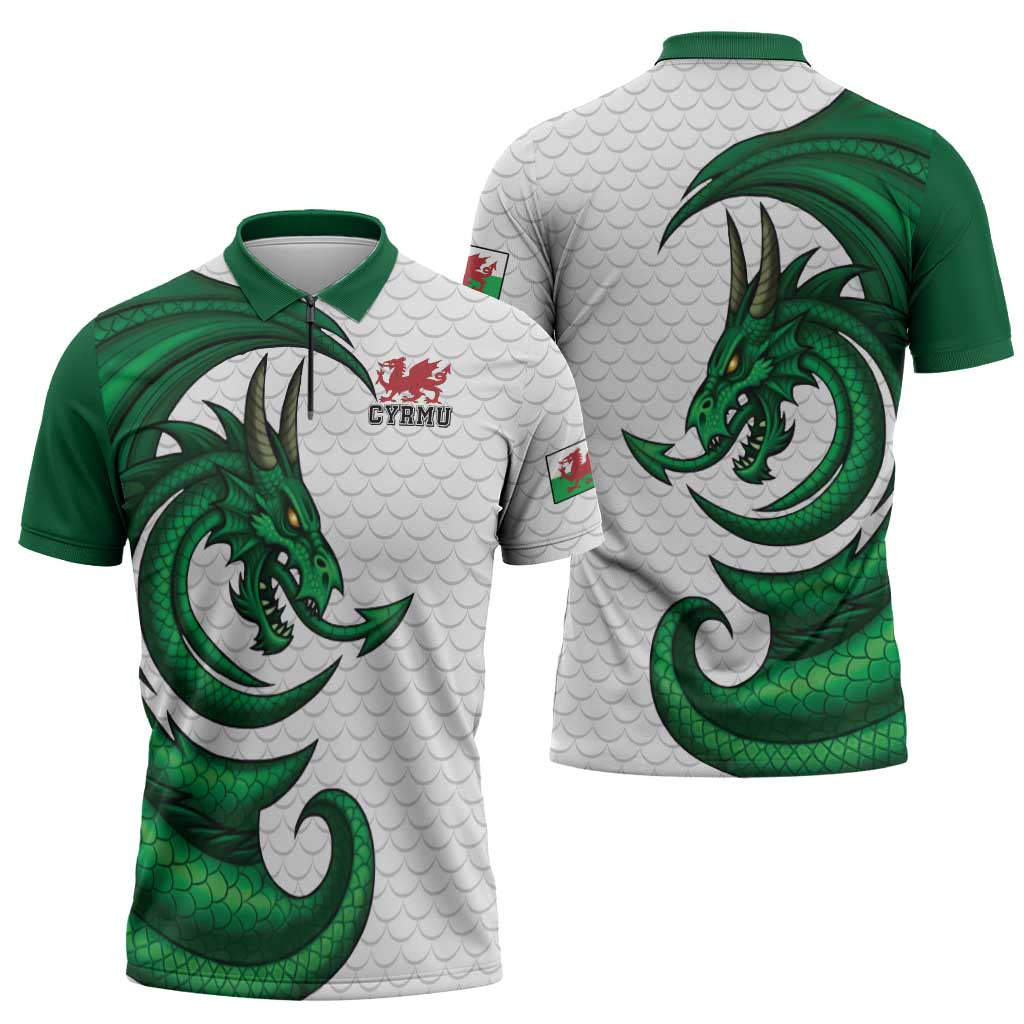 Wales Celtic Dragon Zipper Polo Shirt Welsh Mythic Green Dragon - Wonder Print Shop