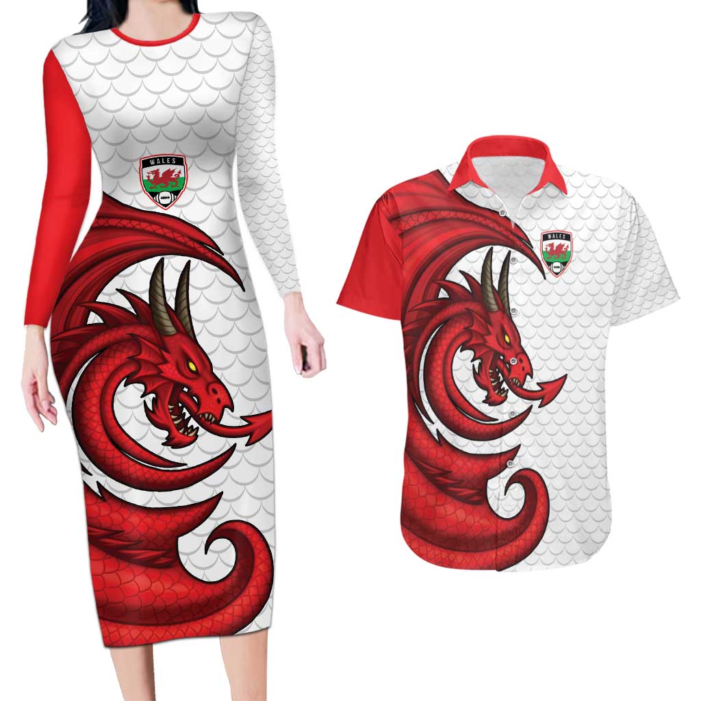 Wales Rugby Red Dragon Couples Matching Long Sleeve Bodycon Dress and Hawaiian Shirt Cymru Am Byth - Wonder Print Shop
