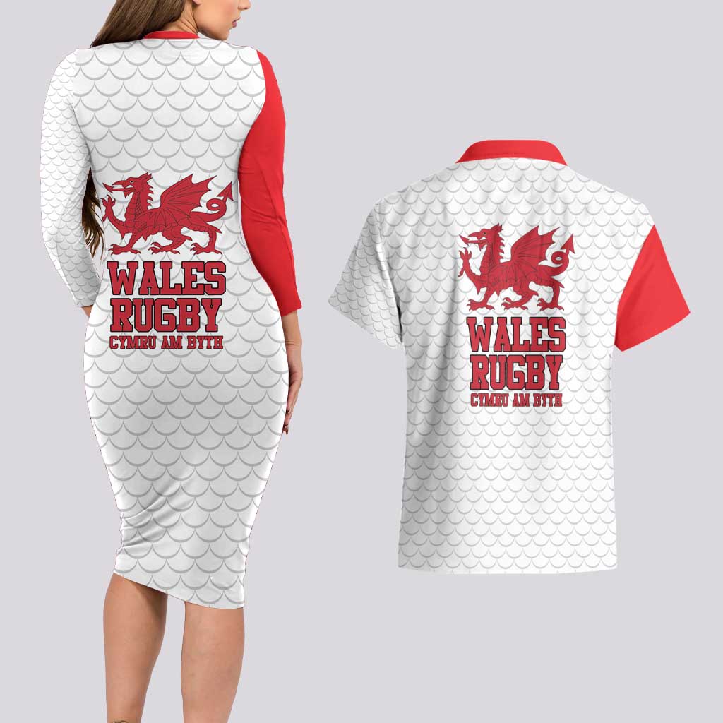 Wales Rugby Red Dragon Couples Matching Long Sleeve Bodycon Dress and Hawaiian Shirt Cymru Am Byth - Wonder Print Shop