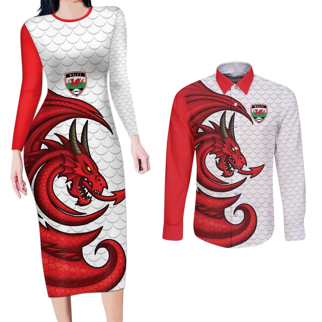 Wales Rugby Red Dragon Couples Matching Long Sleeve Bodycon Dress and Long Sleeve Button Shirt Cymru Am Byth - Wonder Print Shop