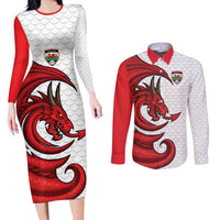 Wales Rugby Red Dragon Couples Matching Long Sleeve Bodycon Dress and Long Sleeve Button Shirt Cymru Am Byth - Wonder Print Shop