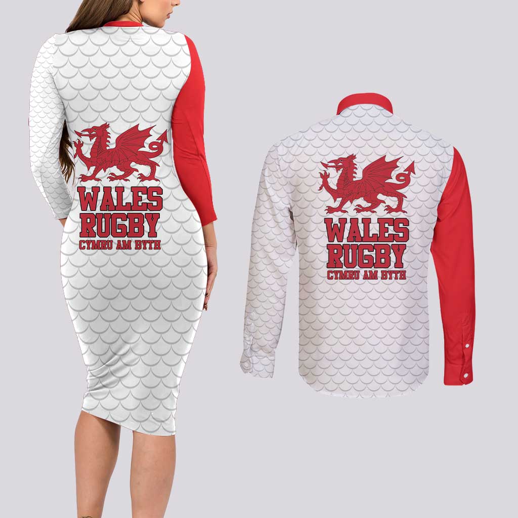 Wales Rugby Red Dragon Couples Matching Long Sleeve Bodycon Dress and Long Sleeve Button Shirt Cymru Am Byth - Wonder Print Shop