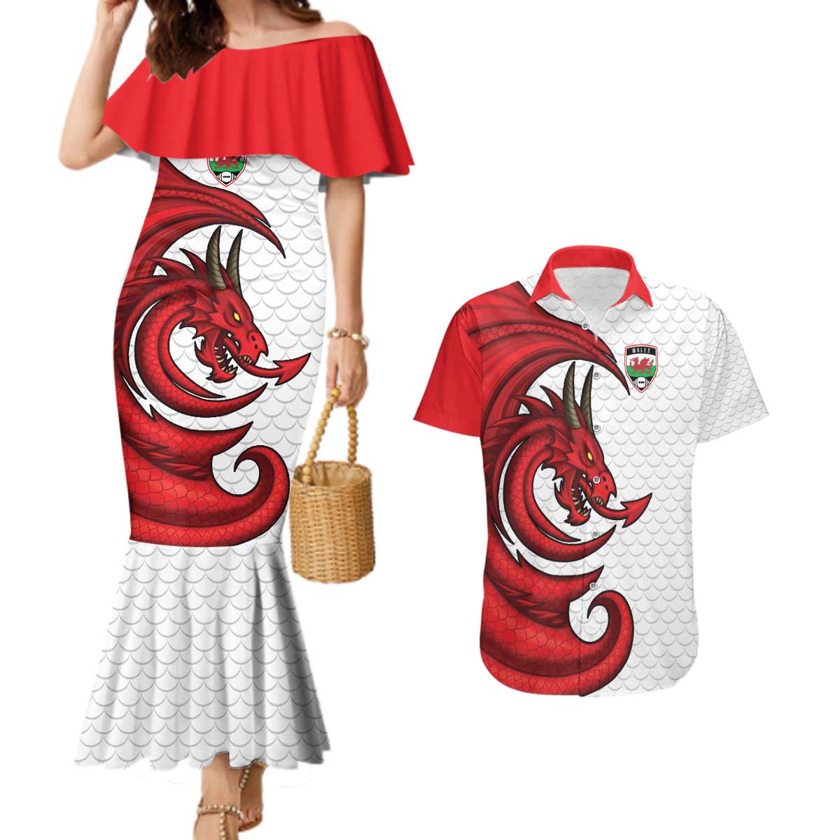 Wales Rugby Red Dragon Couples Matching Mermaid Dress and Hawaiian Shirt Cymru Am Byth - Wonder Print Shop