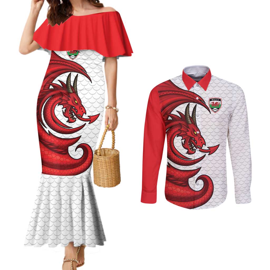 Wales Rugby Red Dragon Couples Matching Mermaid Dress and Long Sleeve Button Shirt Cymru Am Byth - Wonder Print Shop