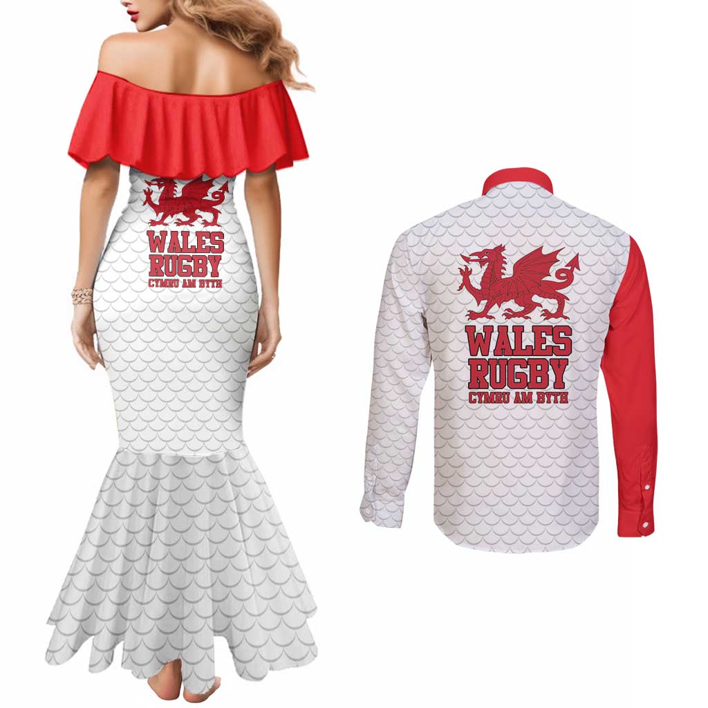 Wales Rugby Red Dragon Couples Matching Mermaid Dress and Long Sleeve Button Shirt Cymru Am Byth - Wonder Print Shop