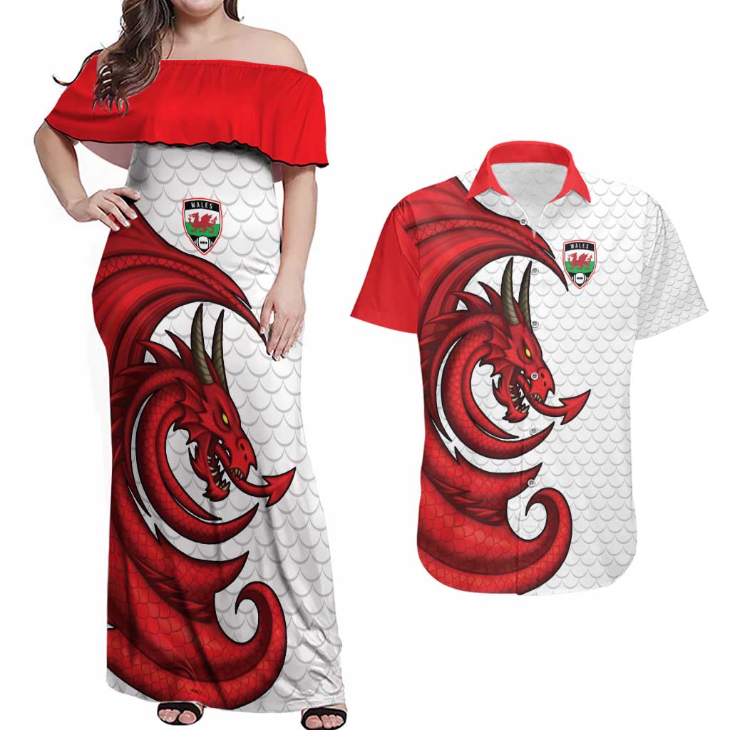 Wales Rugby Red Dragon Couples Matching Off Shoulder Maxi Dress and Hawaiian Shirt Cymru Am Byth - Wonder Print Shop