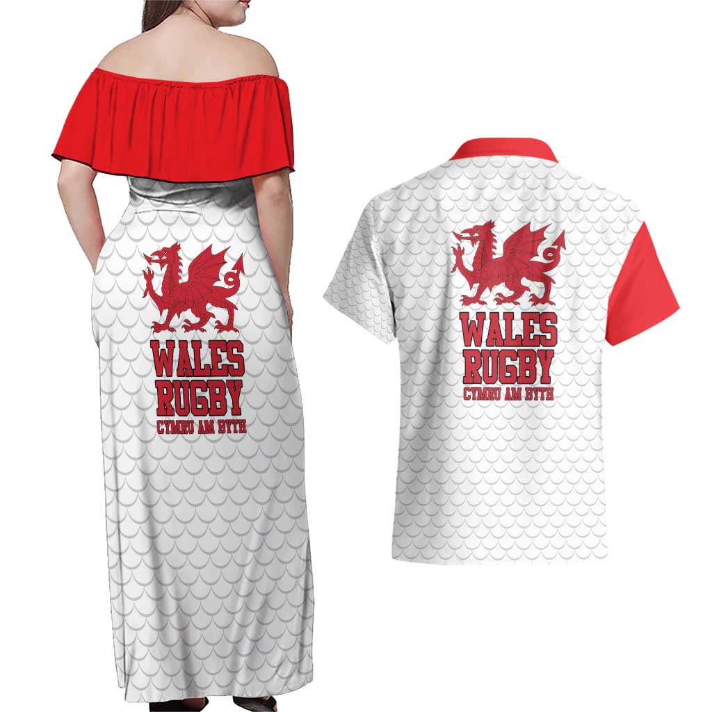 Wales Rugby Red Dragon Couples Matching Off Shoulder Maxi Dress and Hawaiian Shirt Cymru Am Byth - Wonder Print Shop