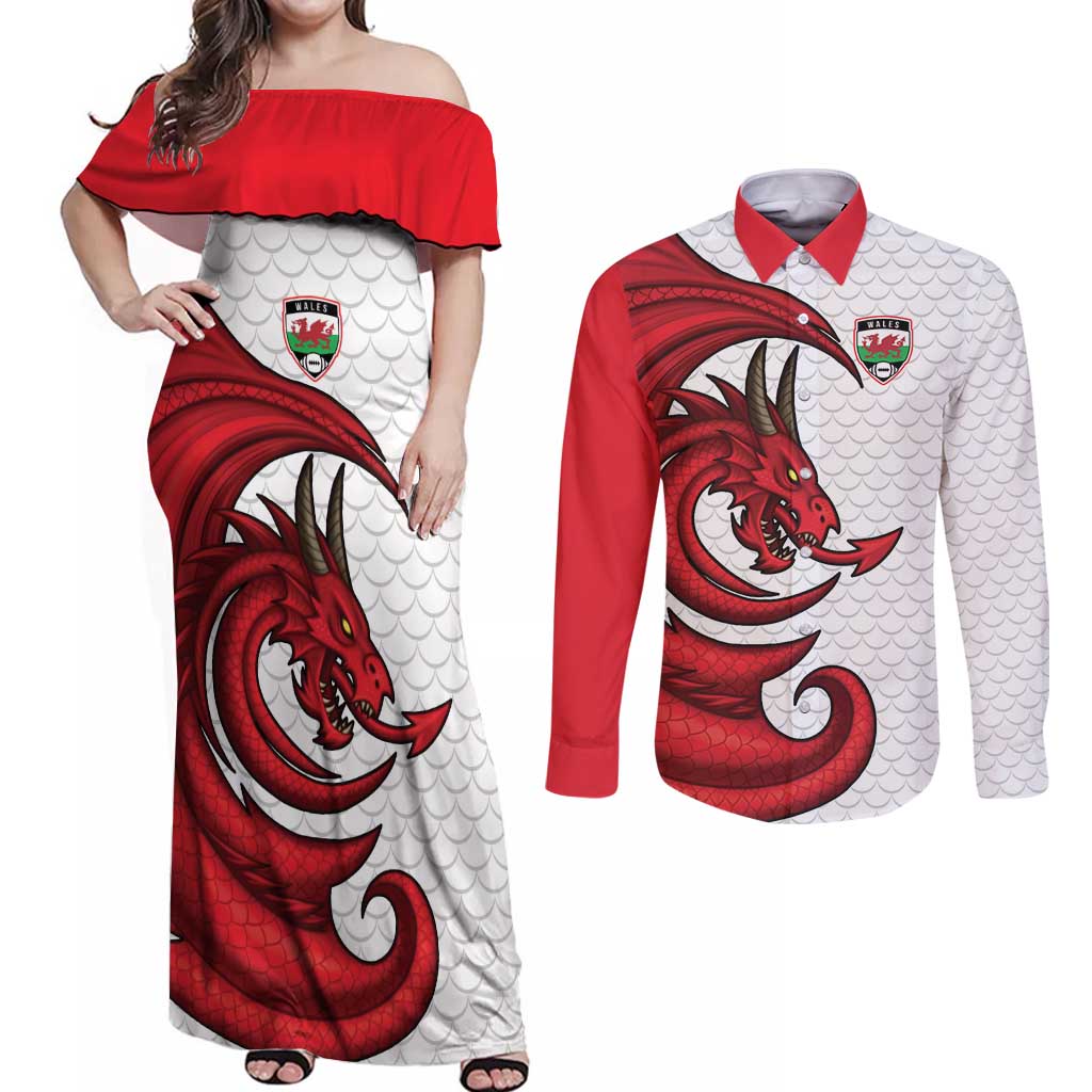 Wales Rugby Red Dragon Couples Matching Off Shoulder Maxi Dress and Long Sleeve Button Shirt Cymru Am Byth - Wonder Print Shop