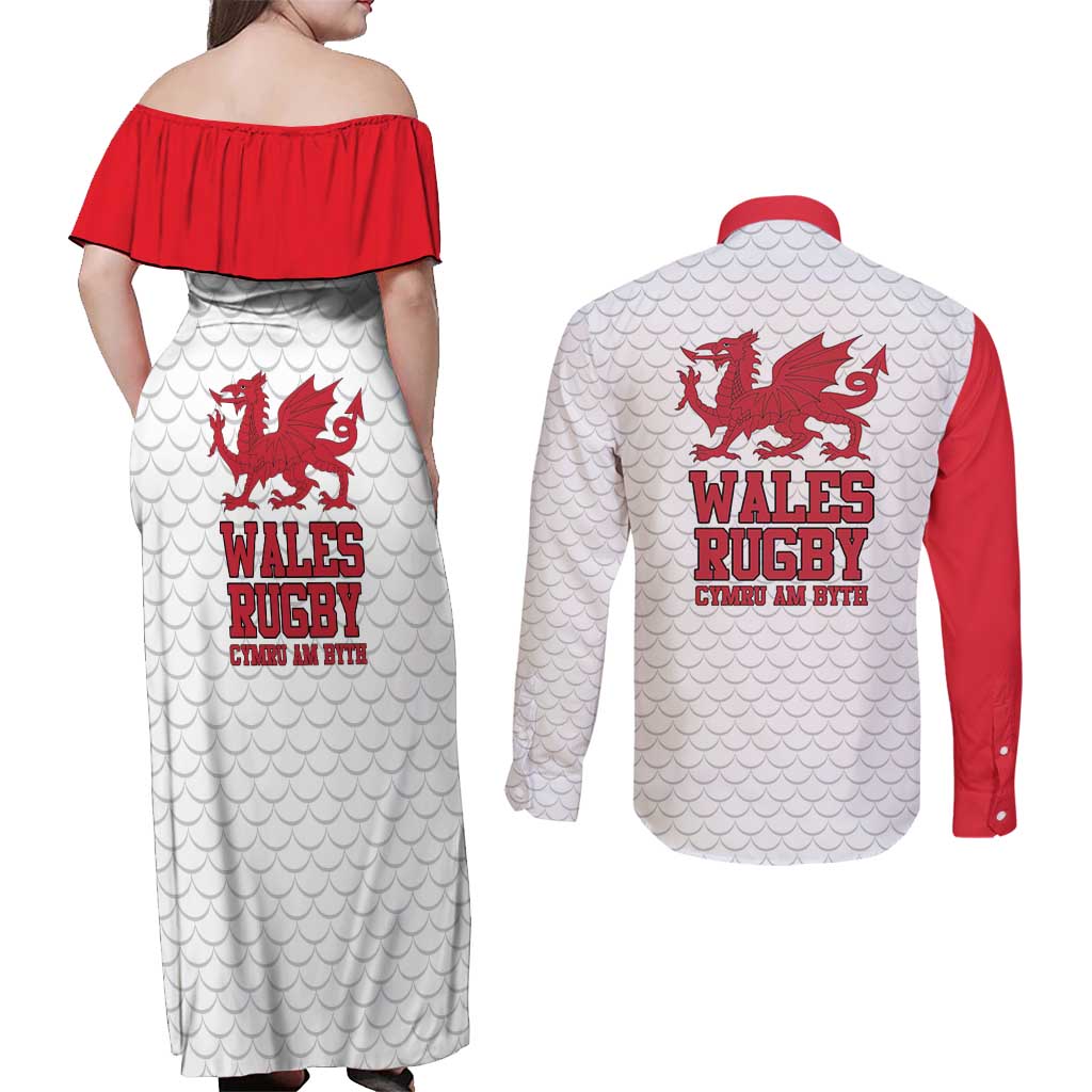 Wales Rugby Red Dragon Couples Matching Off Shoulder Maxi Dress and Long Sleeve Button Shirt Cymru Am Byth - Wonder Print Shop