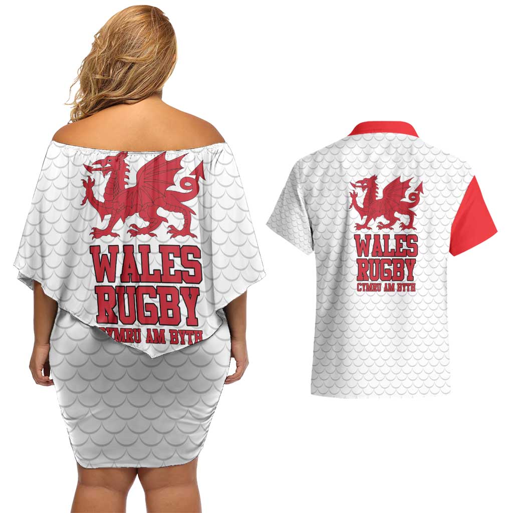 Wales Rugby Red Dragon Couples Matching Off Shoulder Short Dress and Hawaiian Shirt Cymru Am Byth - Wonder Print Shop