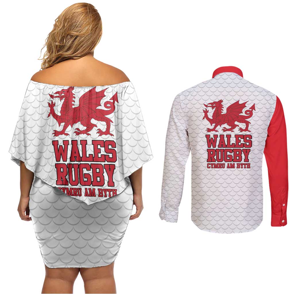 Wales Rugby Red Dragon Couples Matching Off Shoulder Short Dress and Long Sleeve Button Shirt Cymru Am Byth - Wonder Print Shop