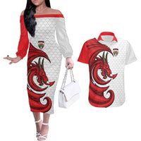 Wales Rugby Red Dragon Couples Matching Off The Shoulder Long Sleeve Dress and Hawaiian Shirt Cymru Am Byth - Wonder Print Shop