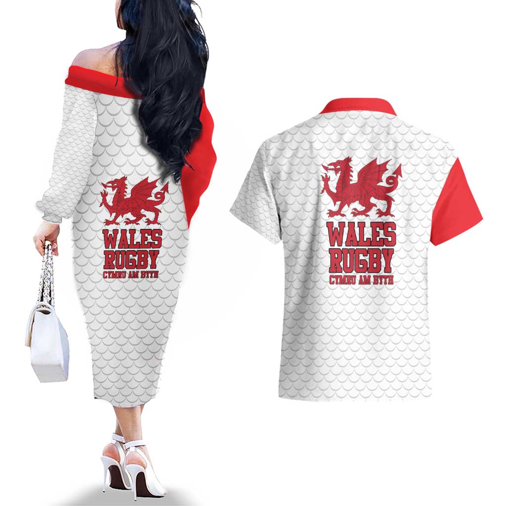 Wales Rugby Red Dragon Couples Matching Off The Shoulder Long Sleeve Dress and Hawaiian Shirt Cymru Am Byth - Wonder Print Shop