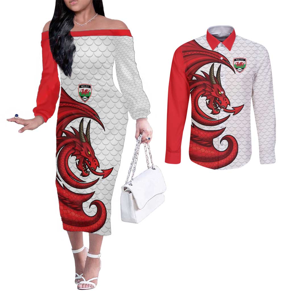 Wales Rugby Red Dragon Couples Matching Off The Shoulder Long Sleeve Dress and Long Sleeve Button Shirt Cymru Am Byth - Wonder Print Shop